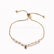 Adjustable Brass Slider Bracelets, Bolo Bracelets, with Teardrop Brass Cubic Zirconia Charms, Brass Beads and Natural Pearl Beads, Real 18K Gold Plated, Inner Diameter: 6-3/4~27-1/8 inch(17~69cm)(BJEW-JB05668)