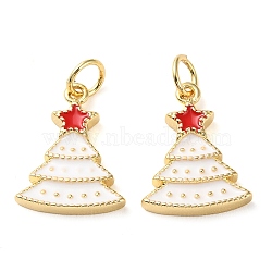Christmas Rack Plating Brass Pendants, with Jump Ring and Enamel, Long-Lasting Real 18K Gold Plated, Cadmium Free & Lead Free, Christmas Trees Charm, White, 16x12.5x3mm, Hole: 3.4mm(KK-F857-01G)