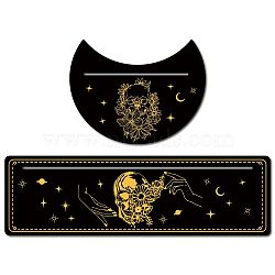 2Pcs 2 Style Carved Wood Candle Holders, Wooden Card Stand for Tarot, Witch Divination Tools, Moon-shaped & Rectangle, Black, Skull Pattern, 130~254x76.2~100x5mm, 1pc/style(DJEW-GF0001-49I)