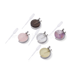 Rotatable Natural Quartz Perfume Bottle Pendants, with 304 Stainless Steel Findings and Plastic Transfer Pipettes, Long-Lasting Plated, Flat Round, Stainless Steel Color, 48x34x8.5~9mm, Hole: 6x3~3.5mm, Capacity: 5ml(0.17 fl. oz)(G-M362-01P)