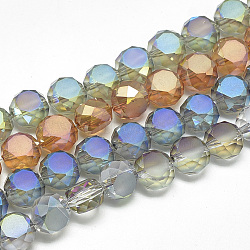 Frosted Electroplate Glass Beads Strands, Rainbow Plated, Faceted, Flat Round, Mixed Color, 6x4~5mm, Hole: 1mm, about 100pcs/21.2 inch(EGLA-S147-6mm-M)