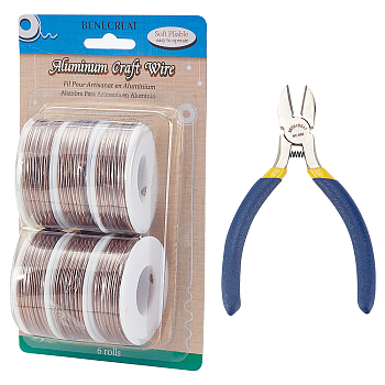 BENECREAT Round Aluminum Wire, with Iron Side Cutting Pliers, Coconut Brown, 12 Gauge, 2mm, 5.8m/roll, 6 rolls