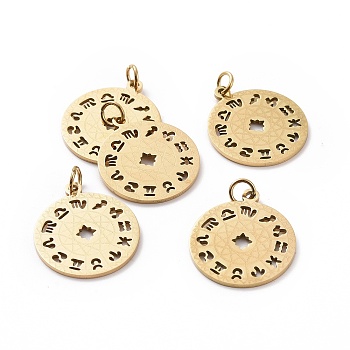 201 Stainless Steel Pendants, Flat Round with Constellation, Golden, 22x18.5x1mm, Hole: 3mm