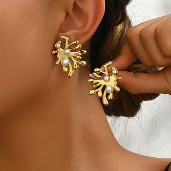 Exaggerated Vintage Style Stainless Steel Coral Flower Earrings for Women, Golden, 36x28mm