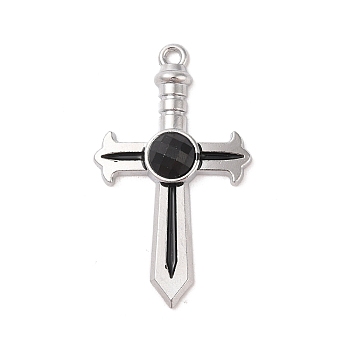 Alloy & Resin Rhinestone Pendants, Sword Shape Charms, Black, Platinum, 49x29x5mm, Hole: 3mm