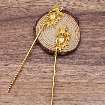 Iron Hair Stick Findings, with Alloy Cabochons Setting, Bamboo, Golden, 155x22x6mm