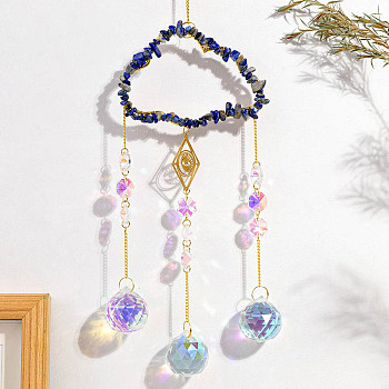 Natural Lapis Lazuli Copper Wire Wrapped Cloud Hanging Ornaments, Teardrop Glass Tassel Suncatchers for Home Outdoor Decoration, 420mm