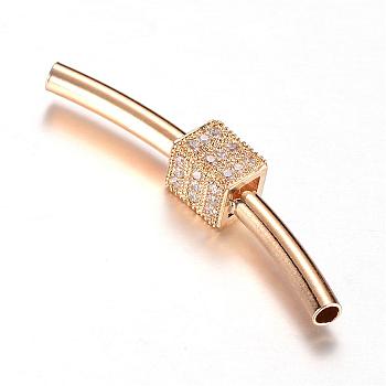 Brass Micro Pave Cubic Zirconia Tube Beads, Light Gold, 39x6x6mm, Hole: 2mm