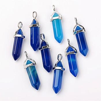 Natural Agate Double Terminated Pointed Pendants, with Random Alloy Pendant Hexagon Bead Cap Bails, Bullet, Platinum, 37~40x12mm, Hole: 3mm