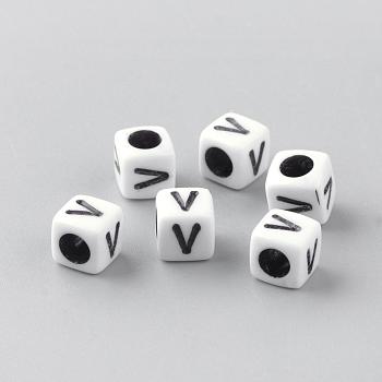 Opaque Acrylic Beads, Letter Style, Cube, Letter.V, 6x6x6mm, Hole: 3mm, about 3000pcs/500g