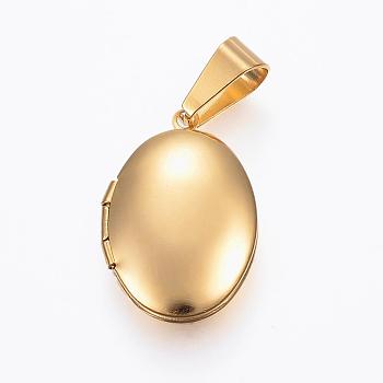 304 Stainless Steel Locket Pendants, Photo Frame Charms for Necklaces, Oval, Real 18k Gold Plated, 24x16x5mm, Hole: 9x5mm, Inner Size: 15x10.5mm