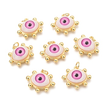 Brass Acrylic Pendants, Real 18K Gold Plated, Evil Eye, Hot Pink, 17x20x7mm, Hole: 3.4mm