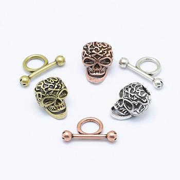 Brass Toggle Clasps, Skull, Cadmium Free & Nickel Free & Lead Free, Mixed Color, toggle: 19x14.5x12mm, Hole: 6mm, Bar: 24x14x5mm, hole: 8mm.