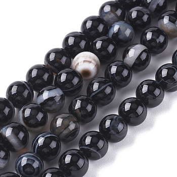 Natural Striped Agate/Banded Agate Beads Strands, Dyed & Heated, Round, Black, 6mm, Hole: 1mm, about 63pcs/strand, 14.57 inch(37cm)