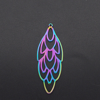 Ion Plating(IP) 201 Stainless Steel Big Pendants, Feather, Laser Cut, Rainbow Color, 52x19x1mm, Hole: 1.6mm
