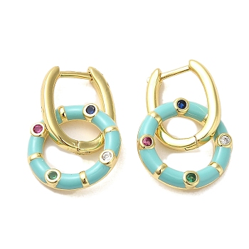 Real 18K Gold Plated Brass Ring Dangle Hoop Earrings, with Enamel and Cubic Zirconia, Sky Blue, 21x12.5mm