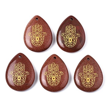 Synthetic Goldstone Pendants, Teardrop with Hamsa Hand Pattern, 32~33.5x25~26x6.5~7.5mm, Hole: 2mm, 6pcs/bag