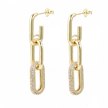Brass Micro Pave Clear Cubic Zirconia Dangle Stud Earrings, with Ear Nuts, Nickel Free, Cable Chain, Real 18K Gold Plated, 48mm, Pin: 0.7mm