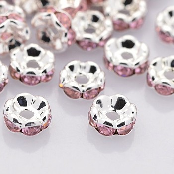 Brass Rhinestone Spacer Beads, Grade A, Wavy Edge, Silver Color Plated, Rondelle, Light Rose, 8x3.8mm, Hole: 1mm