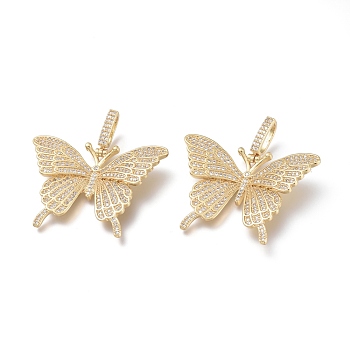 Brass Micro Pave Clear Cubic Zirconia Pendants, Butterfly, Real 18K Gold Plated, 31x43x6mm, Hole: 4X8.5mm