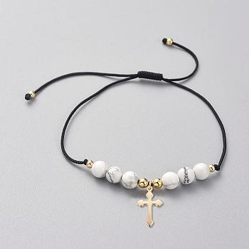 Adjustable Braided Bead Bracelets, with Natural Howlite Beads, Nylon Thread, Golden Plated 304 Stainless Steel Pendants and Brass Beads, Cross, 5/8 inch~3 inch(1.5~7.5cm)