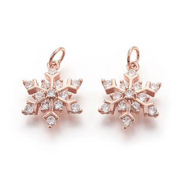 Brass Micro Pave Cubic Zirconia Pendants, Lead Free & Cadmium Free & Nickel Free, Snowflake, Real Rose Gold Plated, 13x17x4mm, Hole: 3mm
