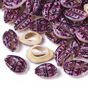 Printed Natural Cowrie Shell Beads, No Hole/Undrilled, with Triangle Pattern, Purple, 18~21x12~15x7mm