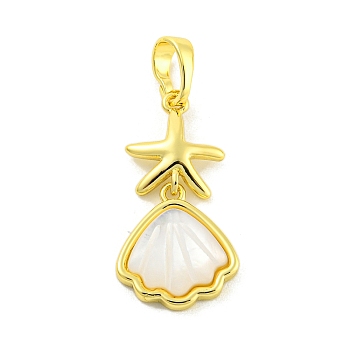 Brass Pave Shell Pendants, Real 18K Gold Plated, Shell Shape with Starfish Charm, Shell Shape, 22.5x11.5x3mm, Hole: 5.5x3.5mm