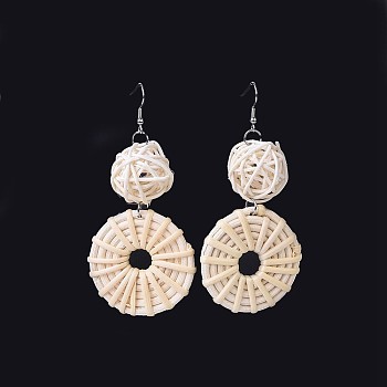 Handmade Cane Woven Beads Dangle Earrings, with 304 Stainless Steel Earring Hooks, Old Lace, 89.5~90.5mm, Pin: 0.6mm