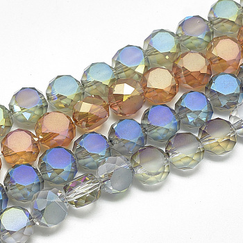 Frosted Electroplate Glass Beads Strands, Rainbow Plated, Faceted, Flat Round, Mixed Color, 6x4~5mm, Hole: 1mm, about 100pcs/21.2 inch