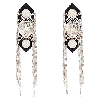 2Pcs Detachable Iron Tassel Epaulettes, Punk Style Star Shoulder Badge, with Cloth and Alloy Findings, Platinum, 215x39x10mm
