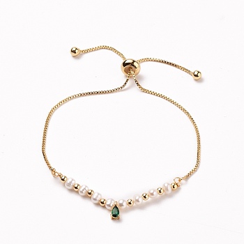 Adjustable Brass Slider Bracelets, Bolo Bracelets, with Teardrop Brass Cubic Zirconia Charms, Brass Beads and Natural Pearl Beads, Real 18K Gold Plated, Inner Diameter: 6-3/4~27-1/8 inch(17~69cm)