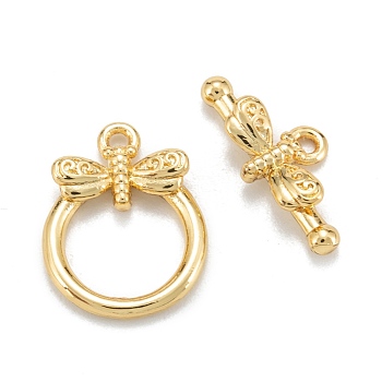 Brass Toggle Clasps, Long-Lasting Plated, Ring with Dragonfly, Real 18K Gold Plated, Ring: 16x12x2mm, Hole: 1.2mm, Bar: 7x17x3.5mm, Hole: 1.2mm