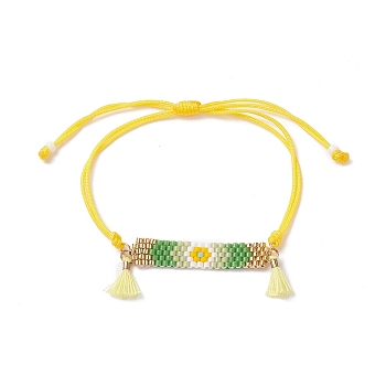 Handmade Japanese Seed Rectangle with Flower Link Braided Bead Bracelet, Tassel Charm Bracelet for Women, Yellow, Maximum Inner Diameter: 3-1/2 inch(9cm)