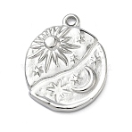 304 Stainless Steel Pendants, Flat Round with Sun Moon Star Charm, Stainless Steel Color, 23.5x18.5x3mm, Hole: 1.6mm(STAS-A142-03P)