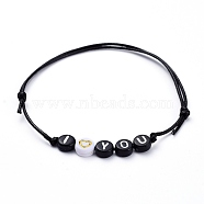 Adjustable Waxed Polyester Cord Beaded Bracelets, for Valentine's Day, with Flat Round Acrylic Beads, Word I Love You, Black, Inner Diameter: 2-1/8 inch~3-7/8 inch(5.5~10cm)(BJEW-JB05294-03)
