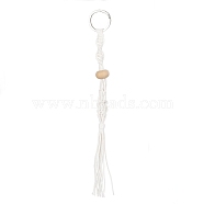 Waxed Cotton Cord Braided Macrame Pouch Empty Stone Holder for Pendant Keychain Making, with Wood Beads and 304 Stainless Steel Split Key Rings, White, 20.3cm(KEYC-JKC00536)