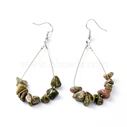 Dangle Earrings, with Natural Unakite Chips, Platinum Plated Brass Earring Hooks and teardrop, Pendants, 71~75mm, Pendant: 53.5~59mm, Pin: 0.5mm(EJEW-E255-B11)