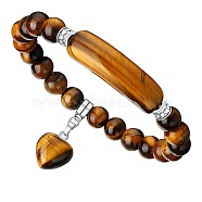 Natural Tiger Eye Curved Rectangle Stretch Braclets with Heart Charm, Inner Diameter: 2-3/8 inch(6cm)(PW-WG54678-03)