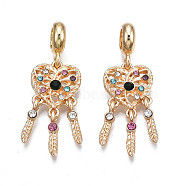 Rack Plating Alloy European Dangle Charms, with Colorful Rhinestone, Large Hole Pendants, Cadmium Free & Nickel Free & Lead Free, Woven Net/Web with Feather, Light Gold, 36.5mm, Hole: 5mm, Feather: 12.5x2.5x3.5mm(MPDL-N039-062LG)
