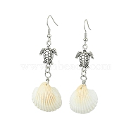 Alloy Turtle Dangle Earrings, Natural Shell Drop Earrings, Antique Silver, 53x18mm(EJEW-JE05649)