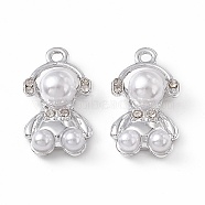 ABS Plastic Imitation Pearl Pendants, with Alloy Findings and Rhinestones, Bear Charm, Platinum, 19.5x11x7mm, Hole: 1.4mm(PALLOY-K259-06P)