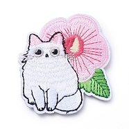 Computerized Embroidery Cloth Iron on/Sew on Patches, Costume Accessories, Appliques, Cat with Flower, Colorful, 58x52x2mm(DIY-E025-A08)