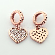 Brass Micro Pave Cubic Zirconia Large Hole European Dangle Heart Charms, Cadmium Free & Nickel Free & Lead Free, Real Rose Gold Plated, 17mm, Hole: 4mm, Heart: 10x9x1.5mm(ZIRC-N009-01RG)