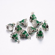 Tibetan Style Alloy European Beads, Large Hole Beads, with Enamel and Rhinestone, Christmas Tree, Crystal AB, Antique Silver, Green, 15x11x8mm, Hole: 4.5mm(ENAM-G120-01AS)