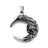 Retro 304 Stainless Steel Pendants, Moon with Rose Char, Antique Silver, 42.5x35.5x13.5mm, Hole: 5x6.5mm(STAS-I205-25AS)