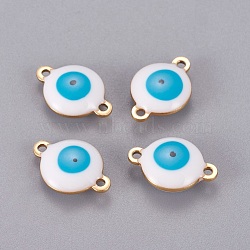 Ion Plating(IP) 304 Stainless Steel Enamel Links connectors, Flat Round with Evil Eye, Golden, White, 14.5x10x4.5mm, Hole: 1.4mm(STAS-F206-02G-C10)