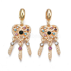 Rack Plating Alloy European Dangle Charms, with Colorful Rhinestone, Large Hole Pendants, Cadmium Free & Nickel Free & Lead Free, Woven Net/Web with Feather, Light Gold, 36.5mm, Hole: 5mm, Feather: 12.5x2.5x3.5mm(MPDL-N039-062LG)