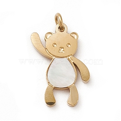 Natural Shell Pendants, Bear Charms, with Ion Plating(IP) 304 Stainless Steel Findings, with Open Jump Rings, Real 14K Gold Plated, 16.5x12x1mm, Hole: 2.6mm(STAS-G295-07G)
