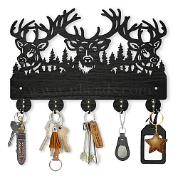 Wood & Iron Wall Mounted Hook Hangers, Decorative Organizer Rack, with 2Pcs Screws, 5 Hooks for Bag Clothes Key Scarf Hanging Holder, Deer, 200x300x7mm.(HJEW-WH0055-062)